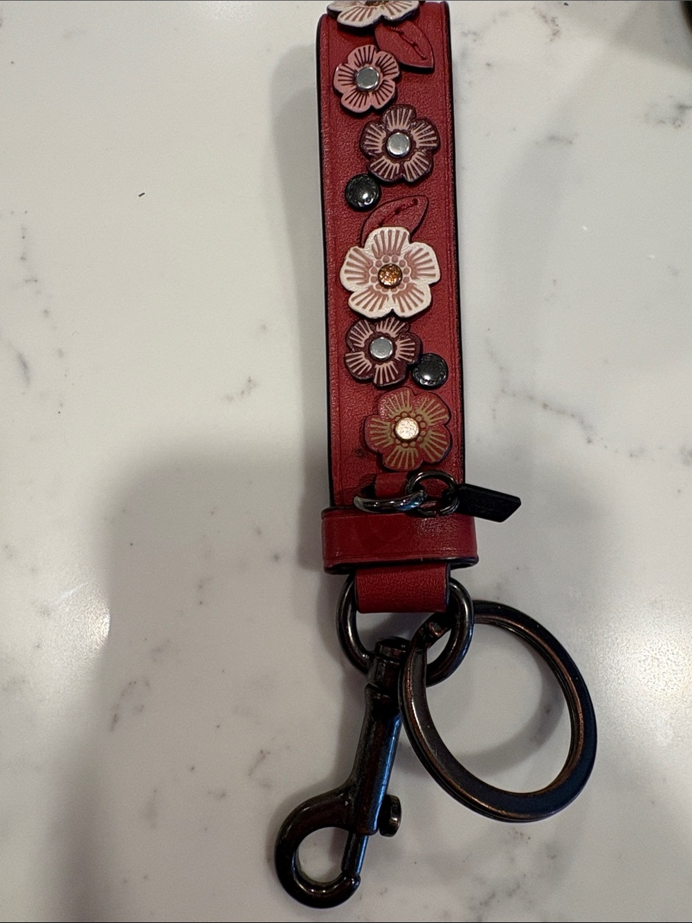 Coach Red Leather Floral Appliqué Key Fob